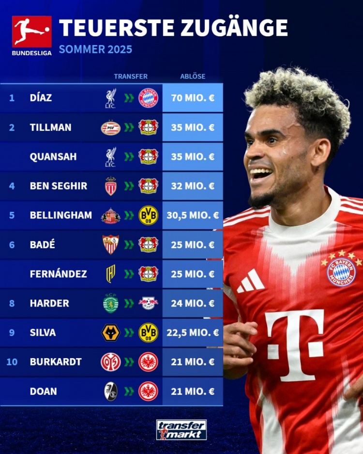 九游（jiuyou.com）游戏-德甲今夏引援榜：迪亚斯7000万断崖领跑，蒂尔曼&amp;宽萨领衔药厂5将